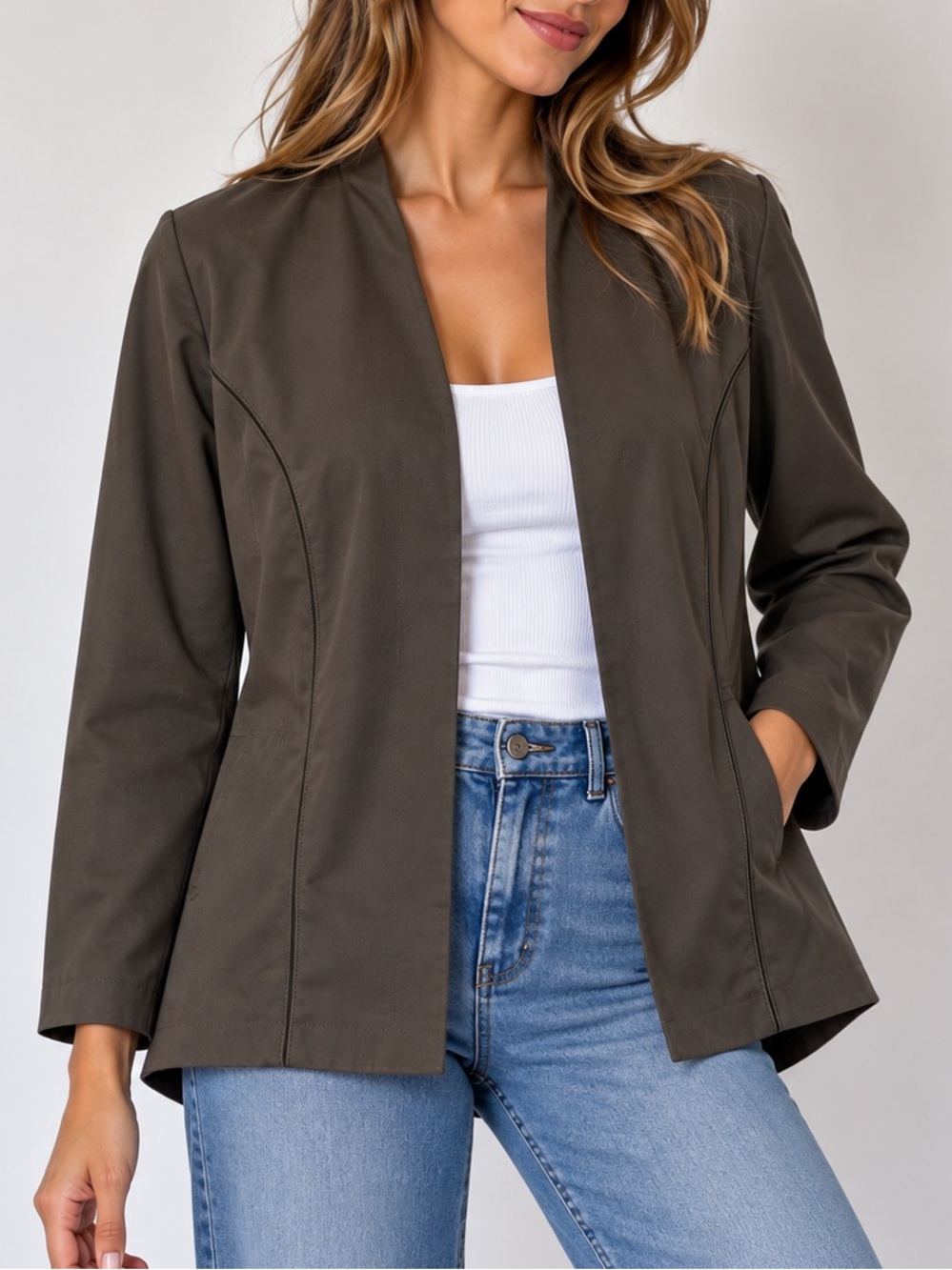 Lafayette 148 New York Brown Cotton Stretch Open Front Jacket L